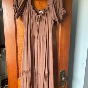 Neuflora Women’s Brown Tiered Maxi Dress with Tie Neck